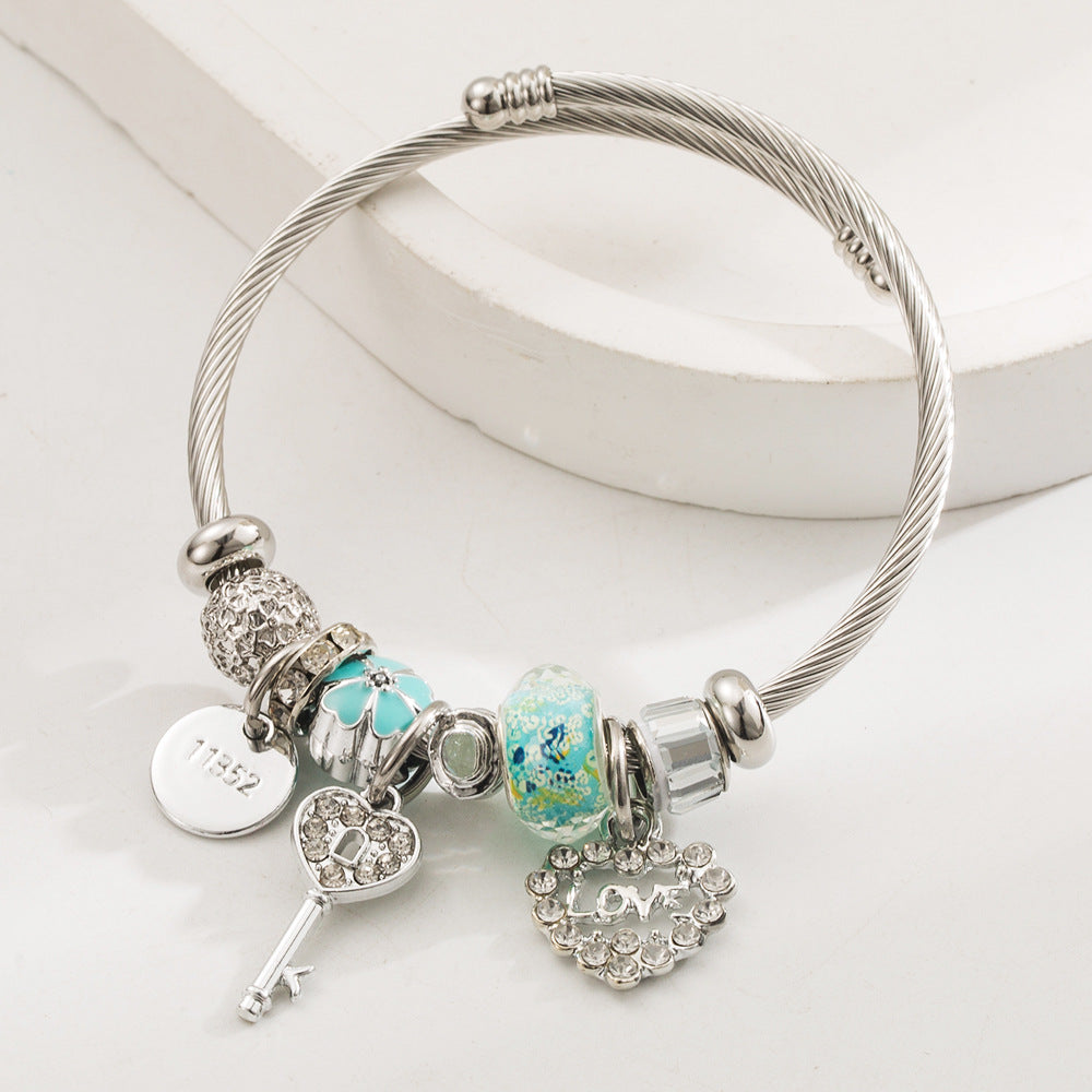 Wholesale  Stainless Steel Bracelet  Crystal Beaded Love Key Pendant Bracelet